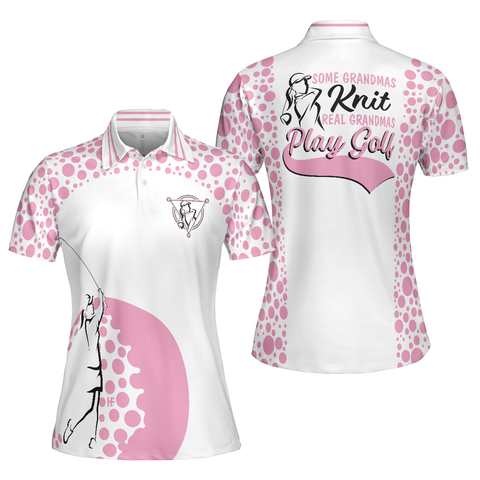 Personalized Women's Golf Shirt Polo - Real Grandmas Play Golf Short Sleeve White And Pink