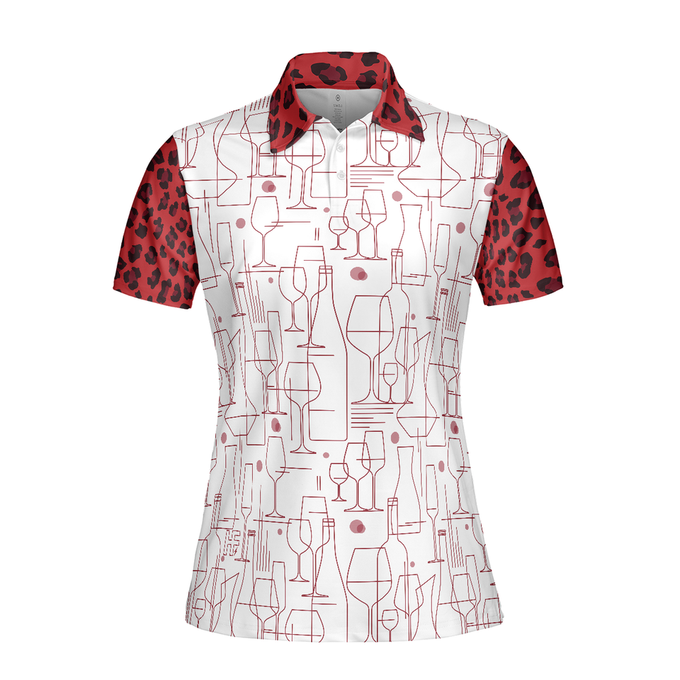 Personalized Women's Golf Shirt Polo - Wine Leopard Pattern Drink Golf Short Sleeve