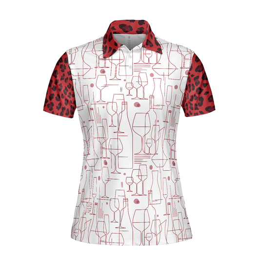 Personalized Women's Golf Shirt Polo - Wine Leopard Pattern Drink Golf Short Sleeve