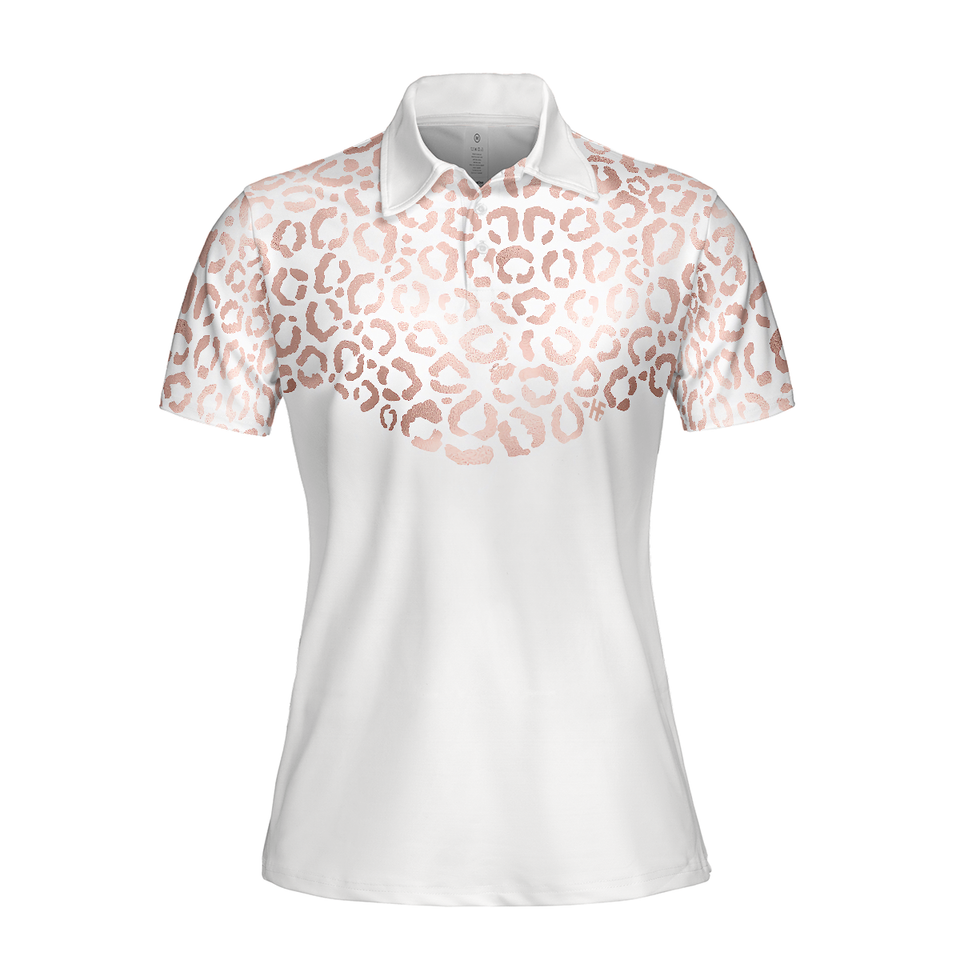 Personalized Women's Golf Shirt Polo - Rose Gold Leopard Pattern Golf Short Sleeve
