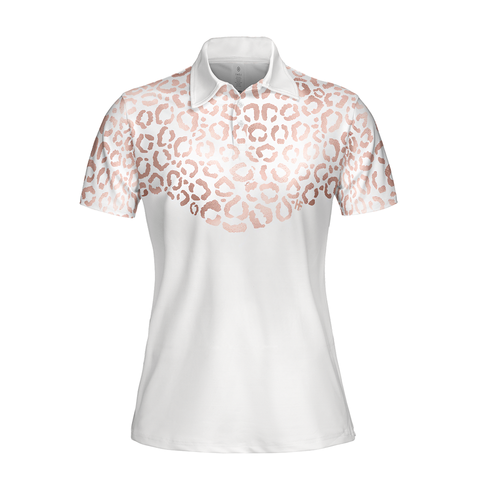 Personalized Women's Golf Shirt Polo - Rose Gold Leopard Pattern Golf Short Sleeve