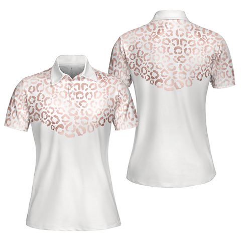 Personalized Women's Golf Shirt Polo - Rose Gold Leopard Pattern Golf Short Sleeve