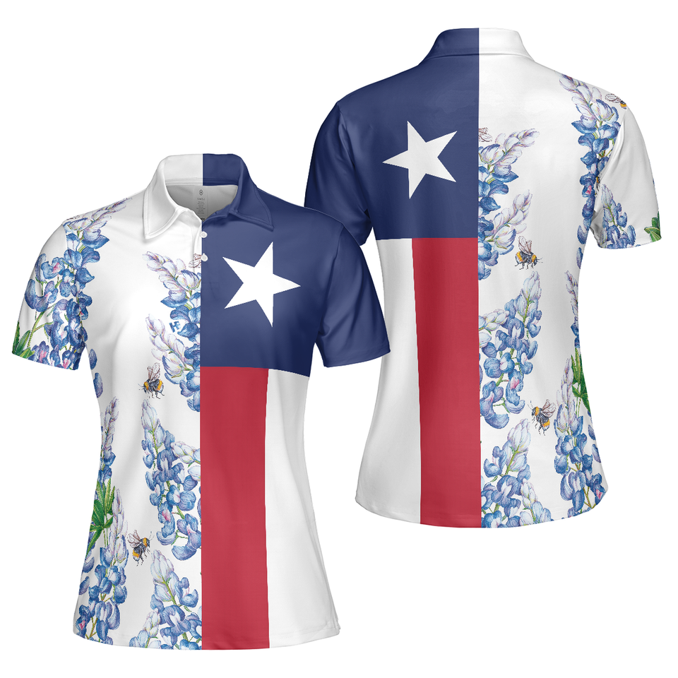 Personalized Women's Golf Shirt Polo - Texas Flag Bluebonnets Golf National Pride Short Sleeve