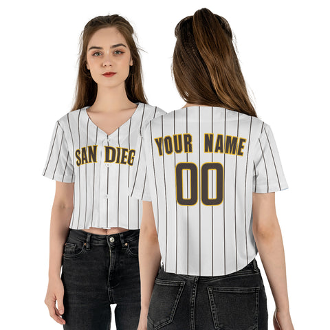 Personalized San Diego Fan White Crop Top Baseball Jersey – Pinstripe Home Style Custom Name & Number