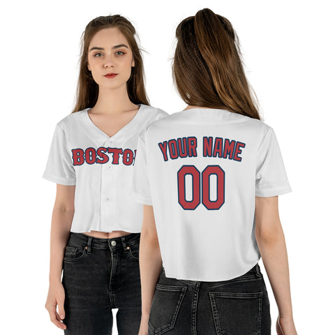 Personalized Boston Fan White Crop Top Baseball Jersey – Home Style Custom Name & Number