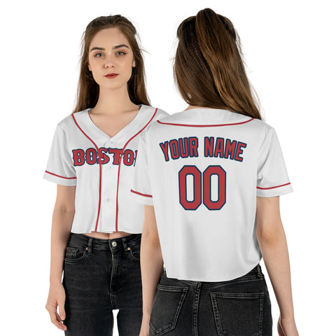 Personalized Boston Fan White Crop Top Baseball Jersey – Home Style Custom Name & Number
